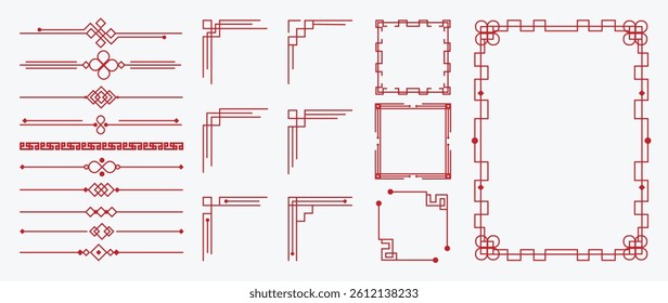 Chinese frame corner ornament vector set. Traditional decorative elements with line, corner, frame, header, pattern. Illustration of elegant design suitable for card, invitation, poster, cover.