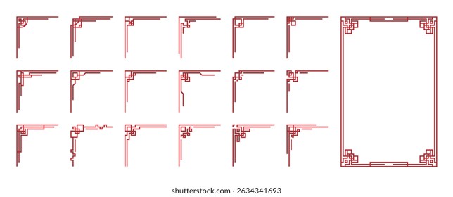 Chinese frame corner ornament vector set. Decorative elements with line, corner, borders, frames, headers. Illustration of elegant design suitable for card, invitation, poster, cover.