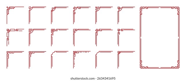 Chinese frame corner ornament vector set. Decorative elements with line, corner, borders, frames, headers. Illustration of elegant design suitable for card, invitation, poster, cover.