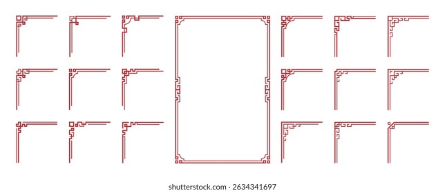 Chinese frame corner ornament vector set. Decorative elements with line, corner, borders, frames, headers. Illustration of elegant design suitable for card, invitation, poster, cover.