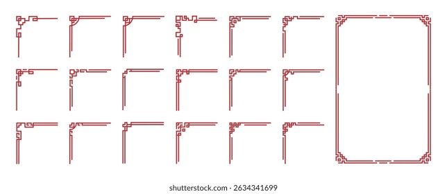 Chinese frame corner ornament vector set. Decorative elements with line, corner, borders, frames, headers. Illustration of elegant design suitable for card, invitation, poster, cover.