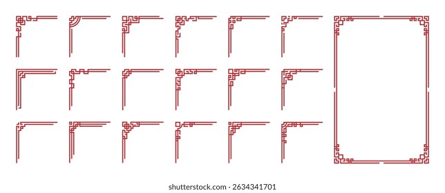 Chinese frame corner ornament vector set. Decorative elements with line, corner, borders, frames, headers. Illustration of elegant design suitable for card, invitation, poster, cover.