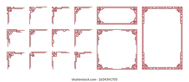 Chinese frame corner ornament vector set. Decorative elements with line, corner, borders, frames, headers. Illustration of elegant design suitable for card, invitation, poster, cover.