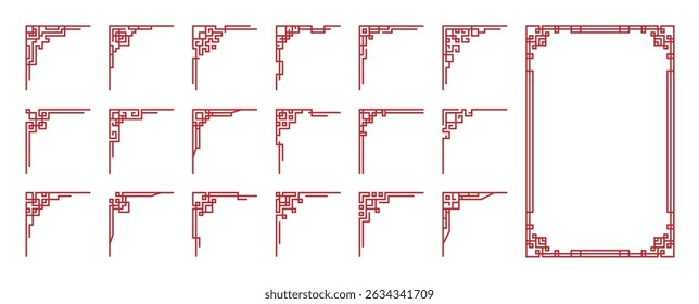 Chinese frame corner ornament vector set. Decorative elements with line, corner, borders, frames, headers. Illustration of elegant design suitable for card, invitation, poster, cover.