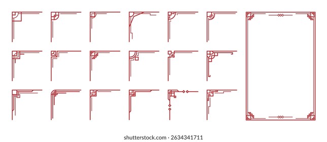 Chinese frame corner ornament vector set. Decorative elements with line, corner, borders, frames, headers. Illustration of elegant design suitable for card, invitation, poster, cover.