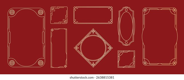 Chinese frame corner ornament vector set. Decorative elements with line, corner, borders, frames, headers. Illustration of elegant design suitable for card, invitation, poster, cover.