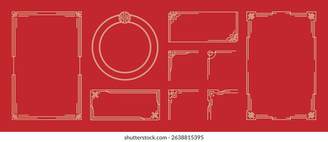 Chinese frame corner ornament vector set. Decorative elements with line, corner, borders, frames, headers. Illustration of elegant design suitable for card, invitation, poster, cover.