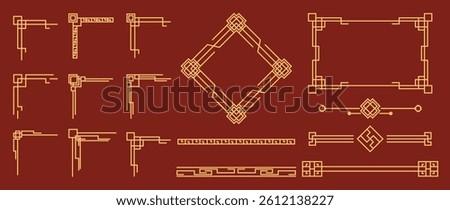 Chinese frame corner ornament vector set. Traditional decorative elements with line, corner, frame, header, pattern. Illustration of elegant design suitable for card, invitation, poster, cover.