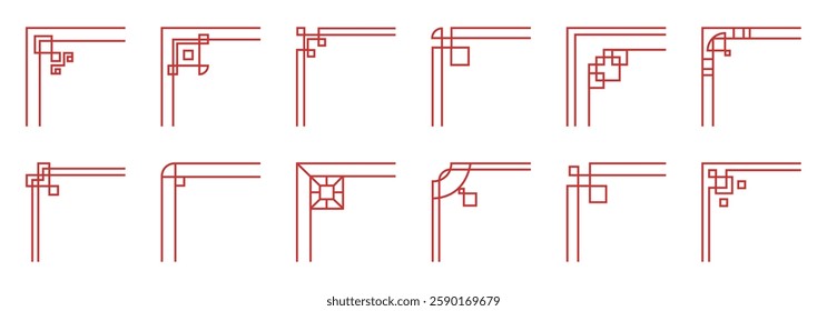 Chinese frame corners. Red oriental frame elements. Traditional Asian ornaments. Geometric decorations. Japanese culture motif. Line lace shapes. Symmetry borders. Garish