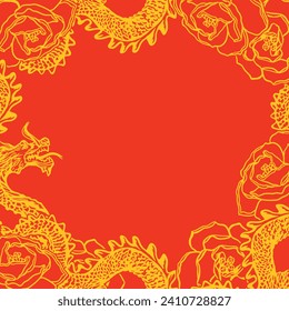 Chinese frame with dragon and flowers on a red background, vector. Chinese New Year. Greeting cards, invitations, large banners, posters, wrapping.