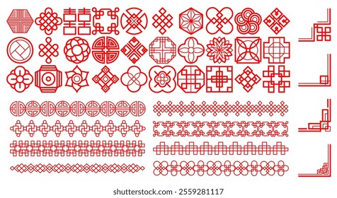 Chinese frame. Japanese icon. Asian pattern. Square oriental border. Line creative background. Geometric invitation divider. Graphic red Asia symbols. Flower and lantern. Vector ornament shapes set