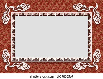 Chinese frame on red gold chinese pattern background ,wallpaper or poster, paper cut out style. Vector illustration