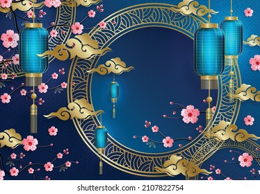 Chinesischer Rahmen mit orientalisch-asiatischen Elementen auf Farbhintergrund, für Hochzeitseinladungskarte, Happy New Year, Happy Geburtstag, Valentinstag, Grußkarten, Poster oder Webbanner