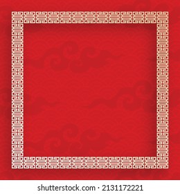 Marco chino con elementos orientales asiáticos sobre fondo de color rojo, para tarjetas de felicitación, afiche o banner web