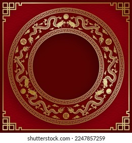 Chinese frame with oriental Asian elements on color background, for wedding invitation card, happy new year, happy birthday, valentine day, greeting cards, poster or web banner