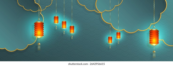 Chinese frame with oriental Asian elements on color background, for wedding invitation card, happy new year, happy birthday, valentine day, greeting cards, poster or web banner
