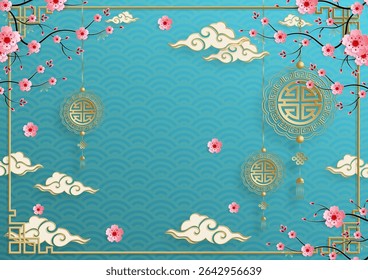 Quadro chinês com elementos asiáticos orientais no fundo de cor, para cartão de convite de casamento, feliz ano novo, aniversário feliz, dia dos namorados, cartões de saudação, cartaz ou banner web