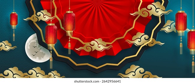 Quadro chinês com elementos asiáticos orientais no fundo de cor, para cartão de convite de casamento, feliz ano novo, aniversário feliz, dia dos namorados, cartões de saudação, cartaz ou banner web