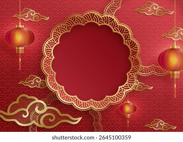 Quadro chinês com elementos asiáticos orientais no fundo de cor, para cartão de convite de casamento, feliz ano novo, aniversário feliz, dia dos namorados, cartões de saudação, cartaz ou banner web