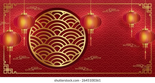 Chinese frame with oriental Asian elements on color background, for wedding invitation card, happy new year, happy birthday, valentine day, greeting cards, poster or web banner