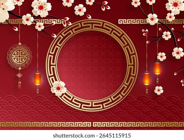 Quadro chinês com elementos asiáticos orientais no fundo de cor, para cartão de convite de casamento, feliz ano novo, aniversário feliz, dia dos namorados, cartões de saudação, cartaz ou banner web