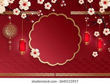 Quadro chinês com elementos asiáticos orientais no fundo de cor, para cartão de convite de casamento, feliz ano novo, aniversário feliz, dia dos namorados, cartões de saudação, cartaz ou banner web