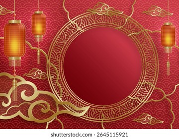 Quadro chinês com elementos asiáticos orientais no fundo de cor, para cartão de convite de casamento, feliz ano novo, aniversário feliz, dia dos namorados, cartões de saudação, cartaz ou banner web