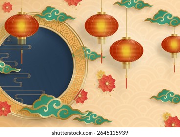 Quadro chinês com elementos asiáticos orientais no fundo de cor, para cartão de convite de casamento, feliz ano novo, aniversário feliz, dia dos namorados, cartões de saudação, cartaz ou banner web