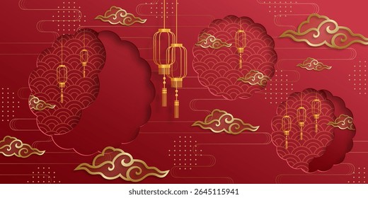 Chinese frame with oriental Asian elements on color background, for wedding invitation card, happy new year, happy birthday, valentine day, greeting cards, poster or web banner