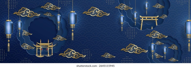 Quadro chinês com elementos asiáticos orientais no fundo de cor, para cartão de convite de casamento, feliz ano novo, aniversário feliz, dia dos namorados, cartões de saudação, cartaz ou banner web