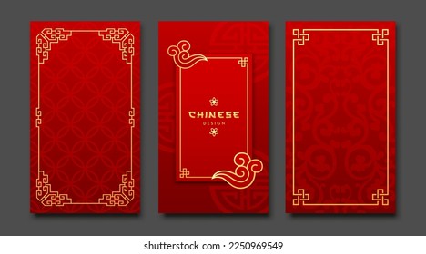 Chinese frame style three borders vertical banners collections on gold and red background, Eps 10 vector illustration
