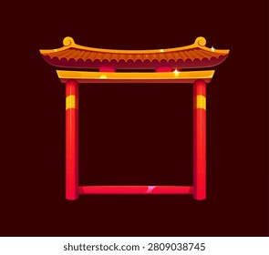 Chinese frame of temple door or China style gates of building with golden roof. Chinese frame of ancient pagoda with red pillars of Buddhist shrine or Asian palace gates for oriental design element