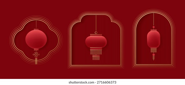 Chinesische Rahmen mit roten Laternen. Gestell im Papierschnitt, Design-Element im asiatischen Stil. 
