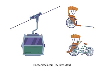 Chinese Funicular as Cable Railway on Steep Slope and Rickshaw Cycle Vector Set