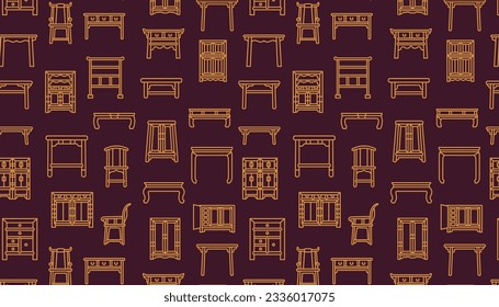 Chinese Furniture Line Icons scattered on a purple background.