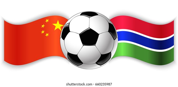 Chinese and Gambian wavy flags with football ball. China combined with Gambia isolated on white. Football match or international sport competition concept.
