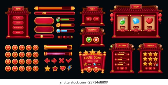 Chinese game interface, gui buttons and frames asset. Cartoon vector asian Ui windows, options, settings plates, progress bars and icons. User panels, boards, sliders, keys and interactive menu panels