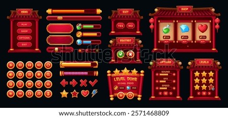 Chinese game interface, gui buttons and frames asset. Cartoon vector asian Ui windows, options, settings plates, progress bars and icons. User panels, boards, sliders, keys and interactive menu panels