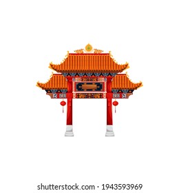 Chinese gate architecture, entrance with roof in oriental style, decorated by hanging lanterns. Vector Chinatown door, ornaments with dragon. Japanese or Korean temple entrance, arc design