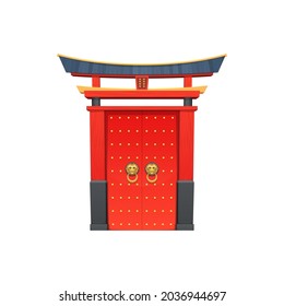 Chinese gate architecture, entrance with roof in oriental style round handles of lion hand. Vector Chinatown red door. Japanese or Korean temple entrance, arc design, China entrance or exit gate