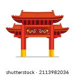 Chinese gate called Paifang symbols or gateway or entrance of china town with banner included Chinese dragon and lantern drawing in cartoon vector