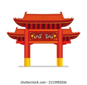 Chinese gate called Paifang symbols or gateway or entrance of china town with banner included Chinese dragon and lantern drawing in cartoon vector