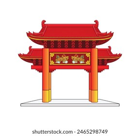 Puerta china llamada símbolos de Paifang o puerta de entrada o entrada de la ciudad de China con el Anuncio incluido dos dragones chinos jugando a la bola de dragón de oro dibujado en Vector de dibujos animados de colores