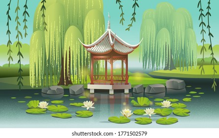 Chinese gazebo on the lake with water lilies and willows. Сartoon style vector illustration. 