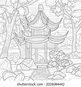 \nChinese gazebo.Coloring book antistress for children and adults. Illustration isolated on white background.Zen-tangle style. Hand draw