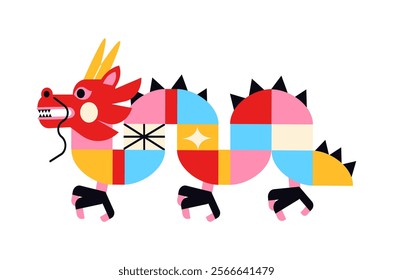 Chinese geometric dragon, lunar new year. Bright traditional animal symbol of the lunar year. Zodiac memphis dragon, Asian mythical animal in cartoon doodle style.