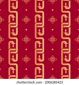 Chinese geometric seamless vector pattern. Chinese nodal seamless pattern. Gold oriental chain ornament, knots and rhombs on red background. Japanese, asian background. Print texture.