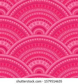 Chinese geometric shapes background vector seamless pattern. Ethnic motifs decorative repeating illustration. Japanese folk round medallion circles seamless geometric pattern.