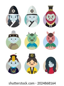 Chinese ghosts character design set. Heibai Wuchang (text: black white impermanence), Yamaraja (king of hell), old lady Meng, Ox-head, Horse-face, Chinese vampire, Taoist priest, Red lady ghost.