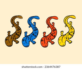 Chinese giant salamander, Andrias davidianus. Salamander vector design, salamanders of various colors